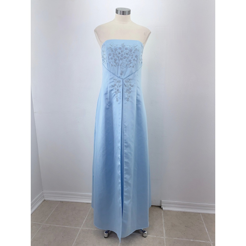 Masquerade Light Blue Satin Embroidered Strapless Floor-Length Prom Gown L